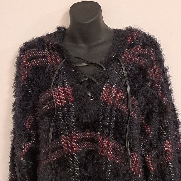 Rock & Republic Plaid Fuzzy Hoodie Long Sleeve Sweater Misses Size Large - Picture 4 of 10